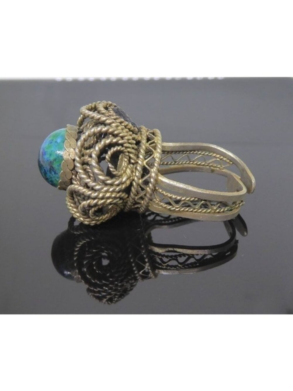 Vintage Mid Century Israel Sterling Filigree Eilat Stone Ring Signed Mem 3 Hallm